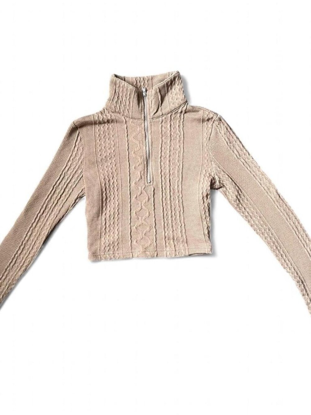 XXS Tan and cream cropped quarter zip knit cable sweater #croppedsweater
